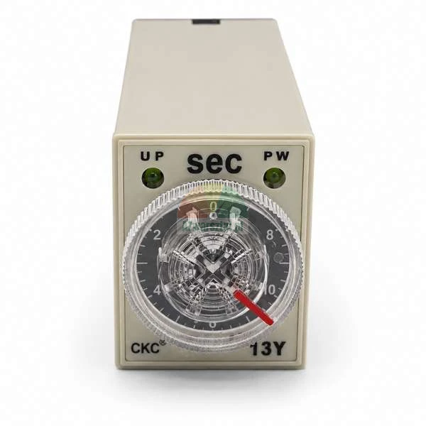 CKC 13Y analog time relay with a dial scale from 0 to 10 seconds and two LED indicators on a white background.