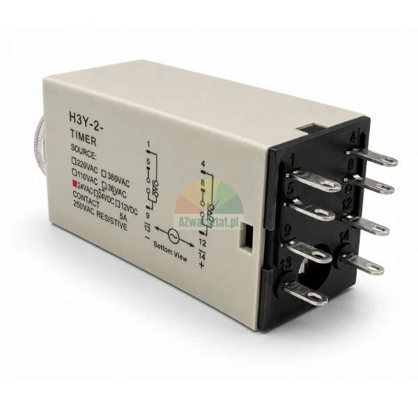 H3Y-2 time delay relay with 8 pins, 24VAC power supply, circuit diagram and terminal layout visible on the side.