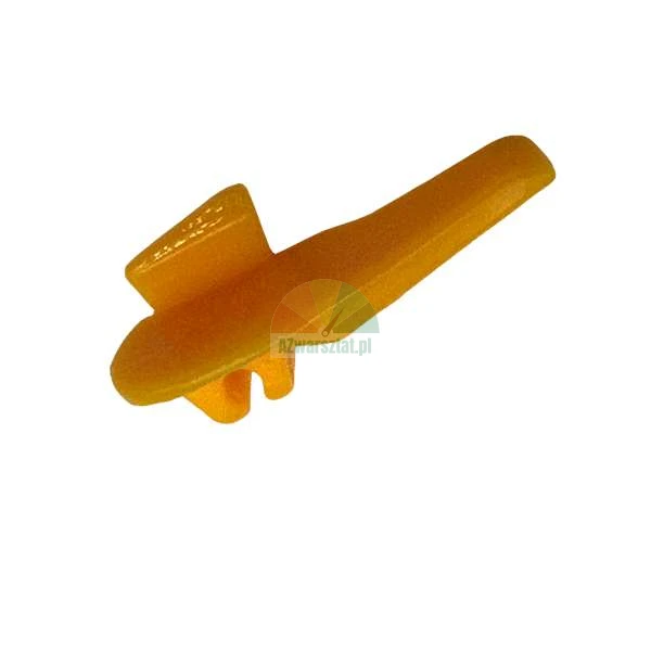 Yellow plastic shelf support pin or furniture connector on a white background.