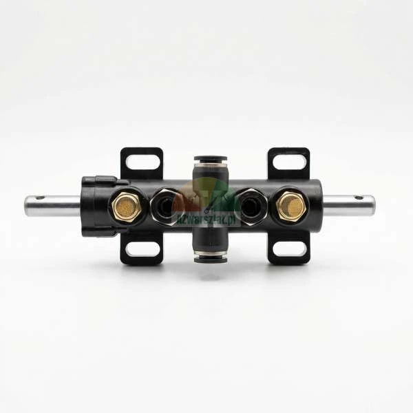 Pneumatic valve manifold with brass fittings and metal rods on a white background.