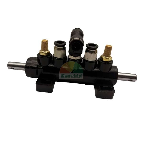 Pneumatic control valve for tire changer with push-to-connect fittings and brass silencers on a black manifold