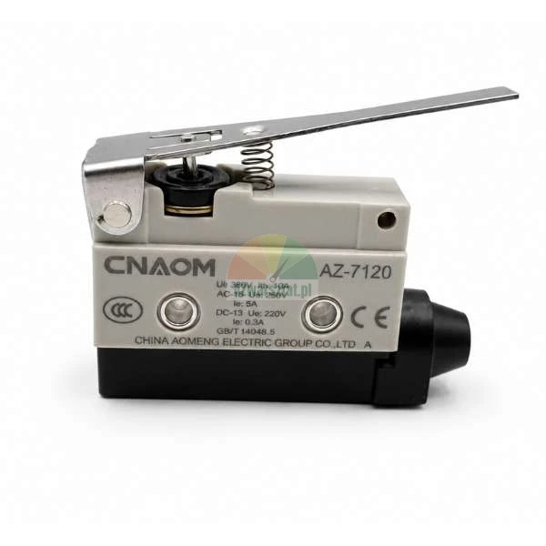 CNAOM AZ-7120 microswitch with long metal lever and spring on white background