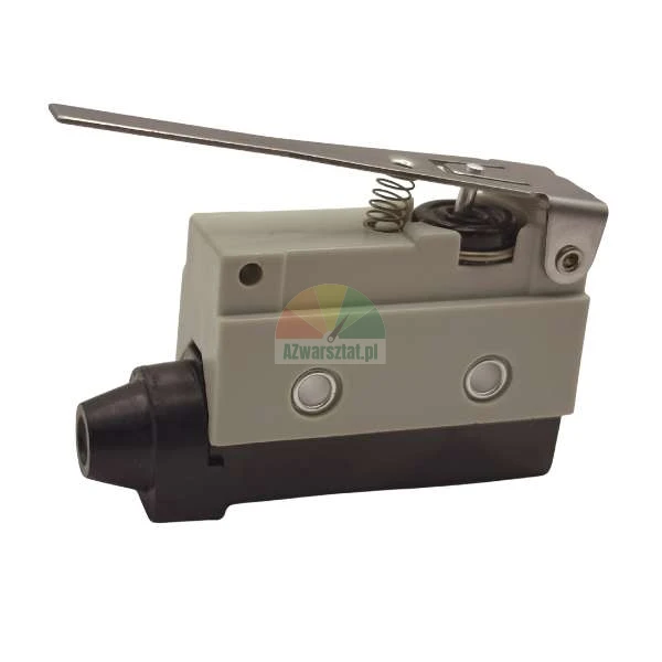 Limit switch with a metal lever and spring in a grey and black housing