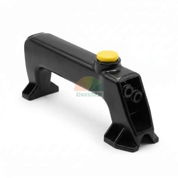 Black pneumatic control handle with a yellow button and two ports on a white background.