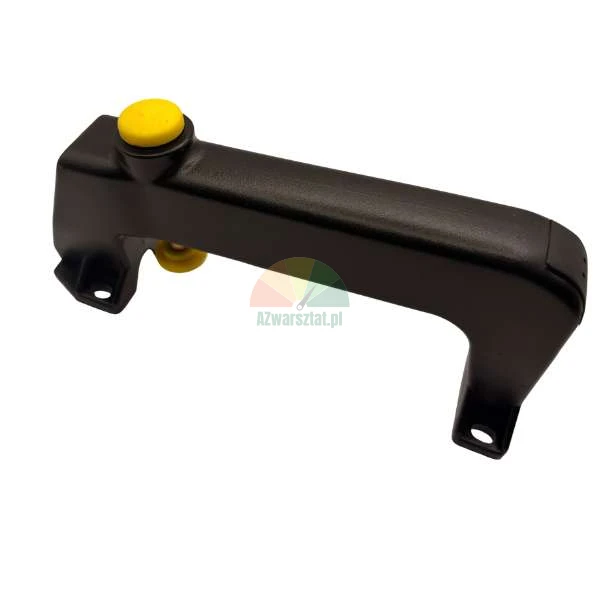 Black industrial handle with two yellow buttons and mounting holes on a white background.