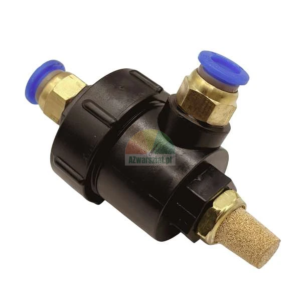 Pneumatic quick exhaust valve with blue push-in fittings and a brass silencer