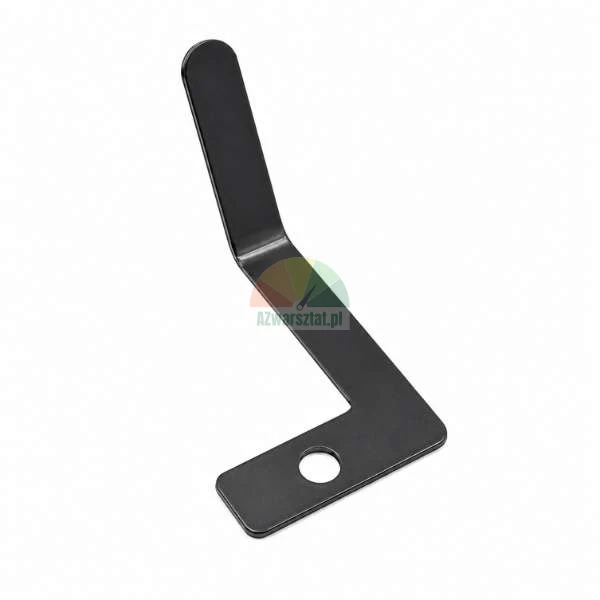 Black bent metal part with a mounting hole on a white background.