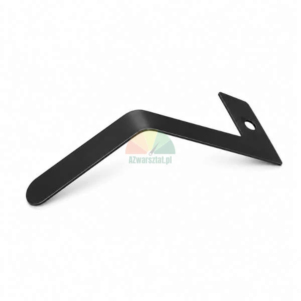Black bent metal mounting element with a hole on a white background