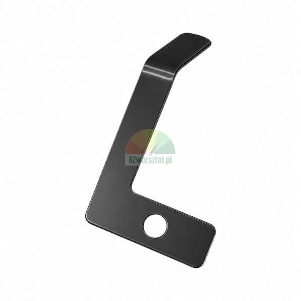 Black L-shaped metal component with a mounting hole and a bent tip on a white background.