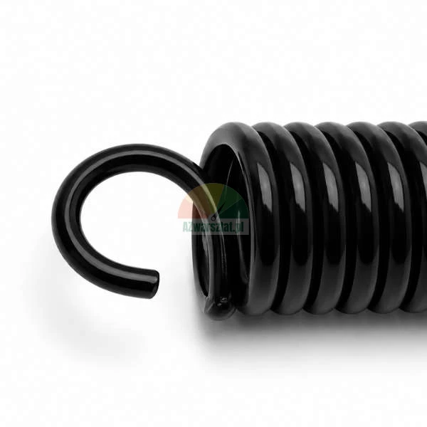 Black metal tension spring with a hook on a white background