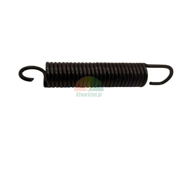 Black extension spring with hooks on both ends against a white background.