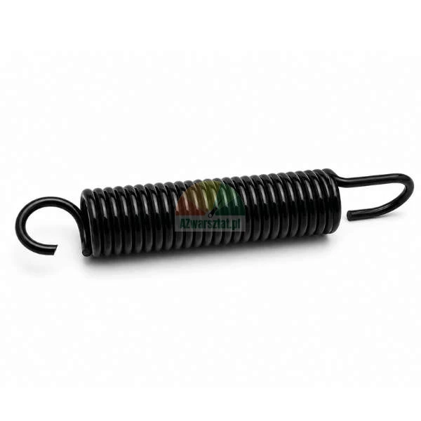 Black tension spring with hooks at both ends.
