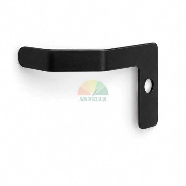 Black matte metal bracket or hook with a bent shape and a mounting hole on a white background.
