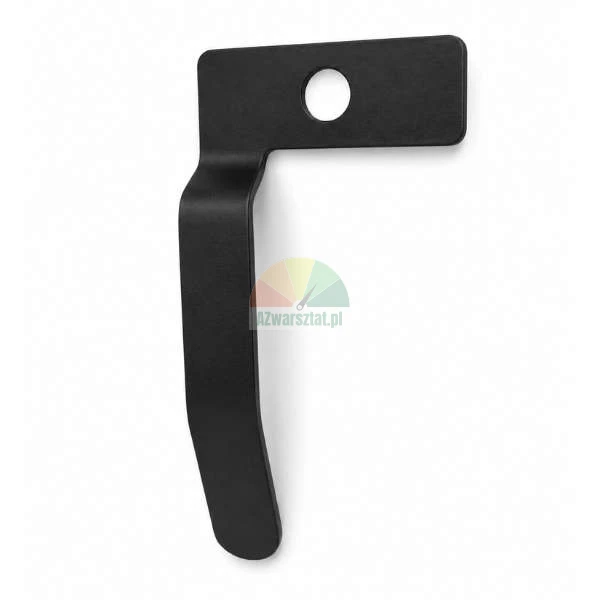 Black metal L-shaped mounting bracket with a hole on a white background.