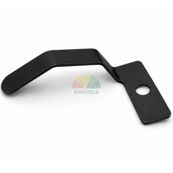 Black metal mounting bracket with a curved shape and a screw hole.