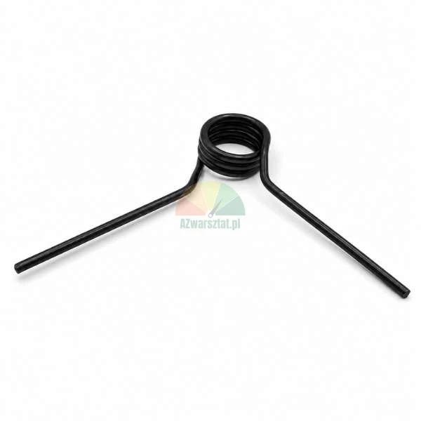 Black metal torsion spring with two legs on a white background.