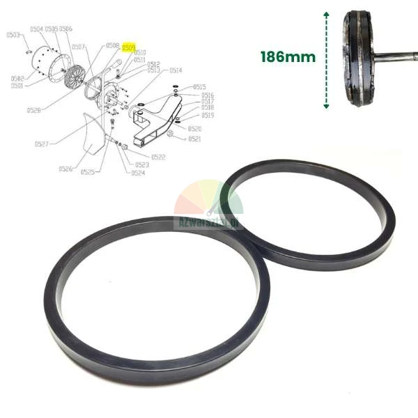 Two black rubber rings with a diameter of 186 mm, technical diagram of machine parts with element 0509 highlighted.