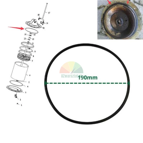 Black rubber O-ring gasket with 190mm diameter shown on a technical diagram and a photo of the spare part.
