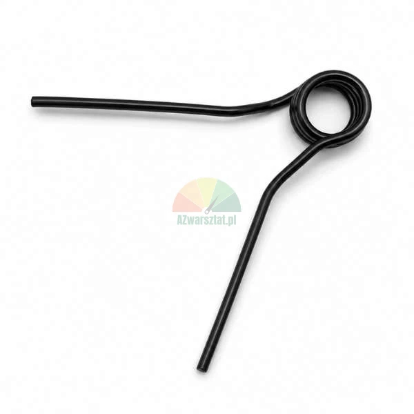 Black metal torsion spring with two arms on white background.