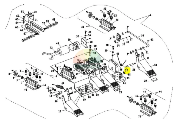 Technical assembly drawing of a pedal unit with numbered components and part 27 highlighted in yellow.