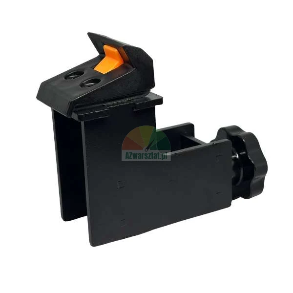 Black flip stop for guide rail with orange element and adjustment knob.