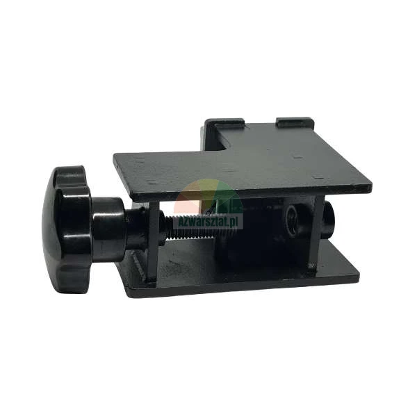 Black metal mounting clamp with adjustable screw and plastic star knob on a white background.