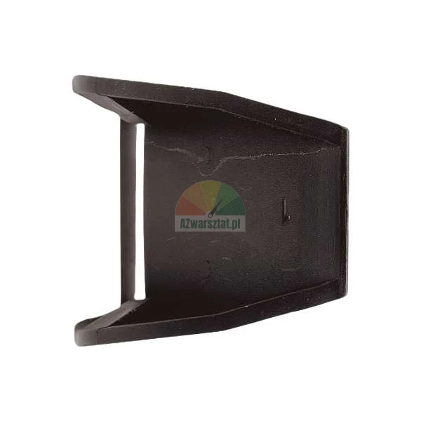Black plastic slide or end cap component on white background.