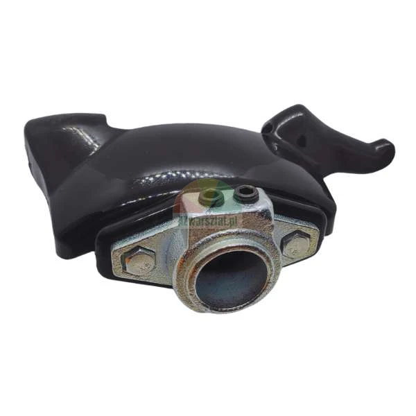 Black mounting bracket with a metal flange and hole, secured with bolts on a white background.