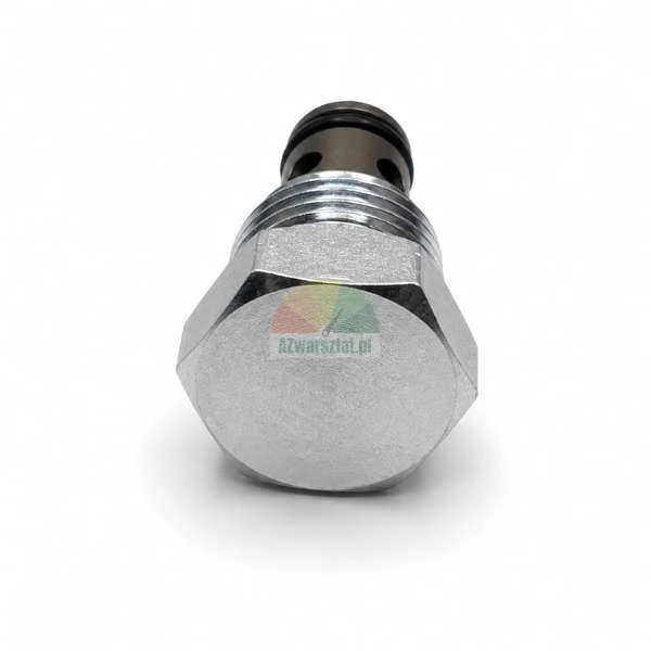 Silver screw-in hydraulic valve component with hexagonal head and O-ring seal.