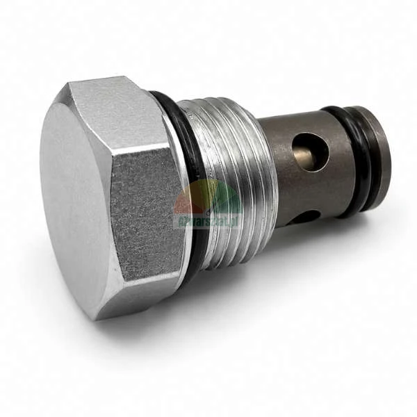 Hydraulic cartridge valve plug with hexagonal head, threaded body, and black O-ring seals on a white background.
