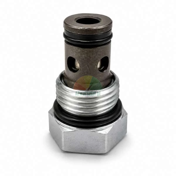 Hydraulic cartridge valve with threads, o-rings, and a hexagonal base on a white background.