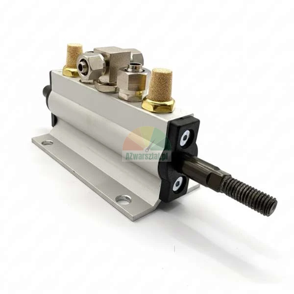 Pneumatic cylinder with fittings and silencers on a white background