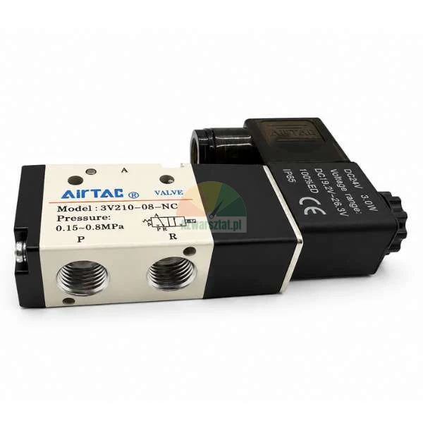 AirTAC 3V210-08-NC pneumatic solenoid valve, 24V DC, pressure 0.15-0.8 MPa, featuring visible wiring diagram and threaded ports.