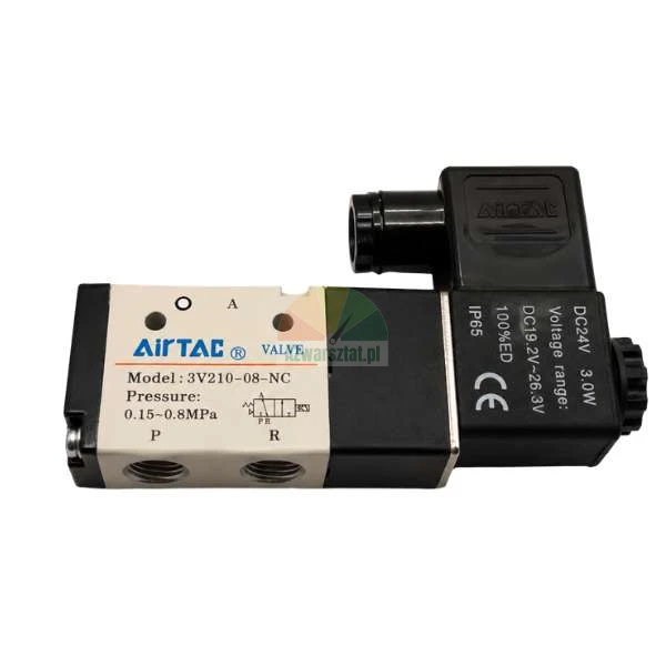 Pneumatic solenoid valve AirTAC 3V210-08-NC, 3/2-way, normally closed (NC), voltage 24V DC, pressure 0.15-0.8 MPa.