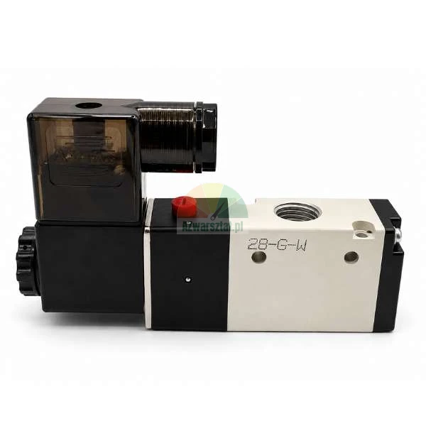 Pneumatic solenoid valve with black coil and aluminum body on a white background