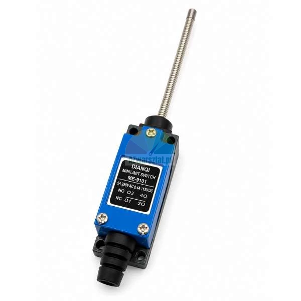 Dianqi ME-9101 mini limit switch with a flexible coil spring rod actuator and blue housing