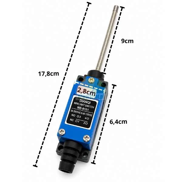 Limit switch ME-9101 with flexible spring rod and dimensions