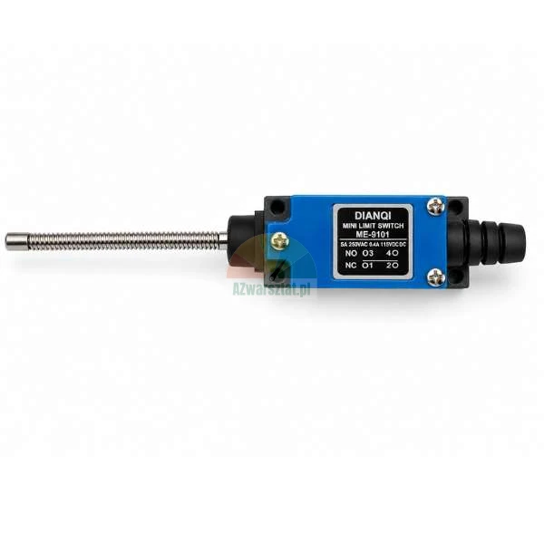 Dianqi ME-9101 mini limit switch with a flexible spring rod actuator and blue housing.
