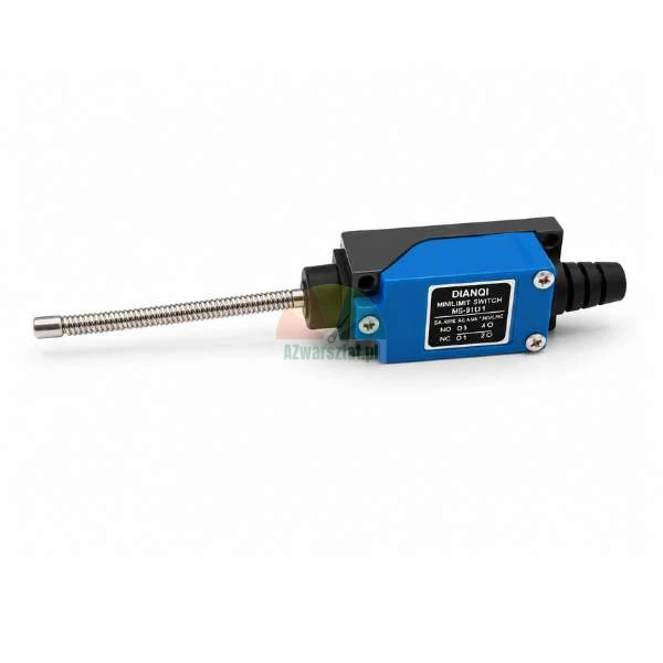 Dianqi ME-9101 mini limit switch with a flexible coil spring actuator and a blue plastic body on a white background.