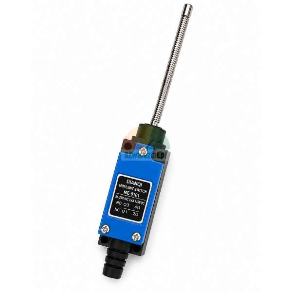 DIANQI ME-9101 mini limit switch with a flexible coil spring rod actuator on a white background.