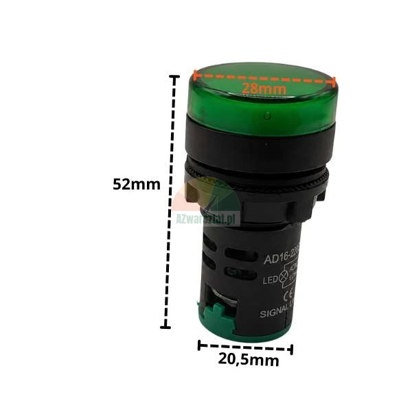 Green LED indicator light 22mm AC/DC 24V with dimensions: height 52mm, top diameter 28mm, mounting diameter 20.5mm.