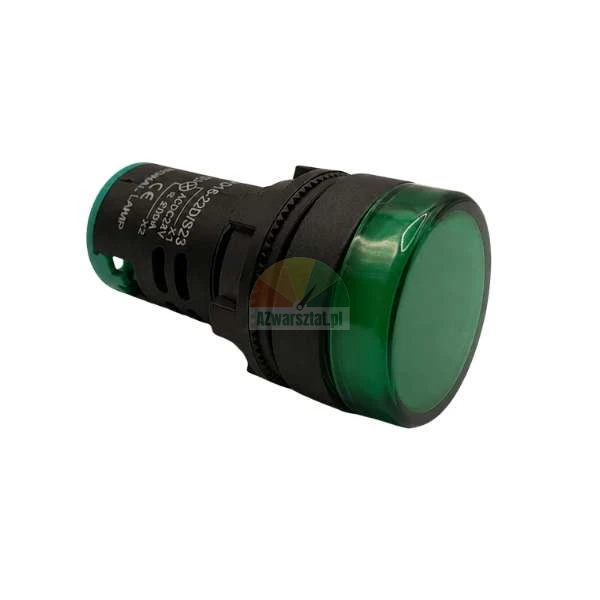 Green LED indicator lamp AC/DC 24V with a round lens and black cylindrical body