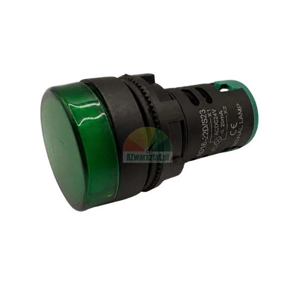 Green industrial LED signal lamp model AD16-22D with a black plastic body, rated for AC/DC 24V.