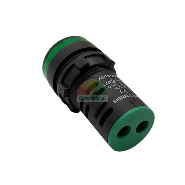 Green LED signal indicator lamp AD16-22, rear view showing terminals and black plastic body.
