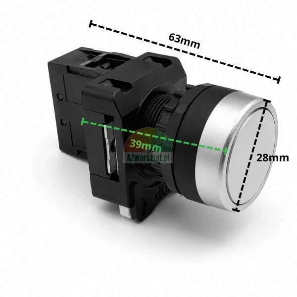 White push button switch XB2 1xNO with dimensions: length 63mm, diameter 28mm, mounting width 39mm.