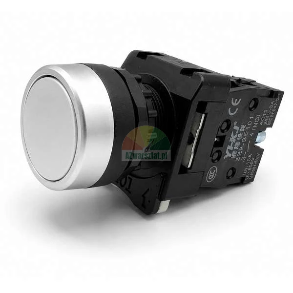 Industrial push button switch with a flat silver button and black contact block on a white background.