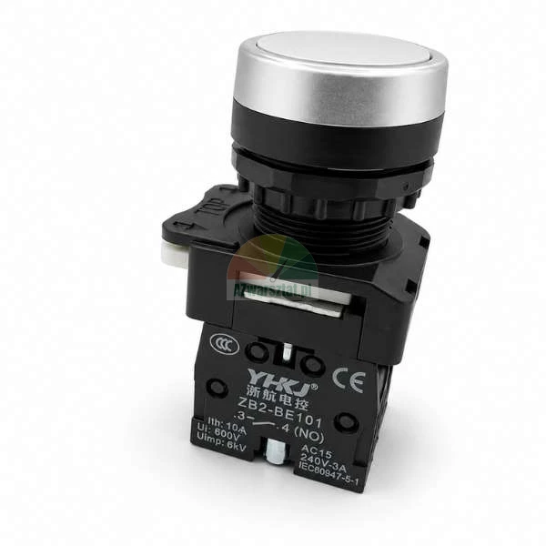 Industrial push button switch with a silver flush button and black ZB2-BE101 NO contact block on a white background.