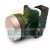 Silver industrial push button switch with a black mounting body on a white background.