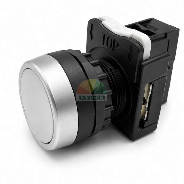 Silver industrial push button switch with a black mounting body on a white background.