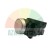 Industrial flat push button in white with a silver metal bezel and black contact block on a white background